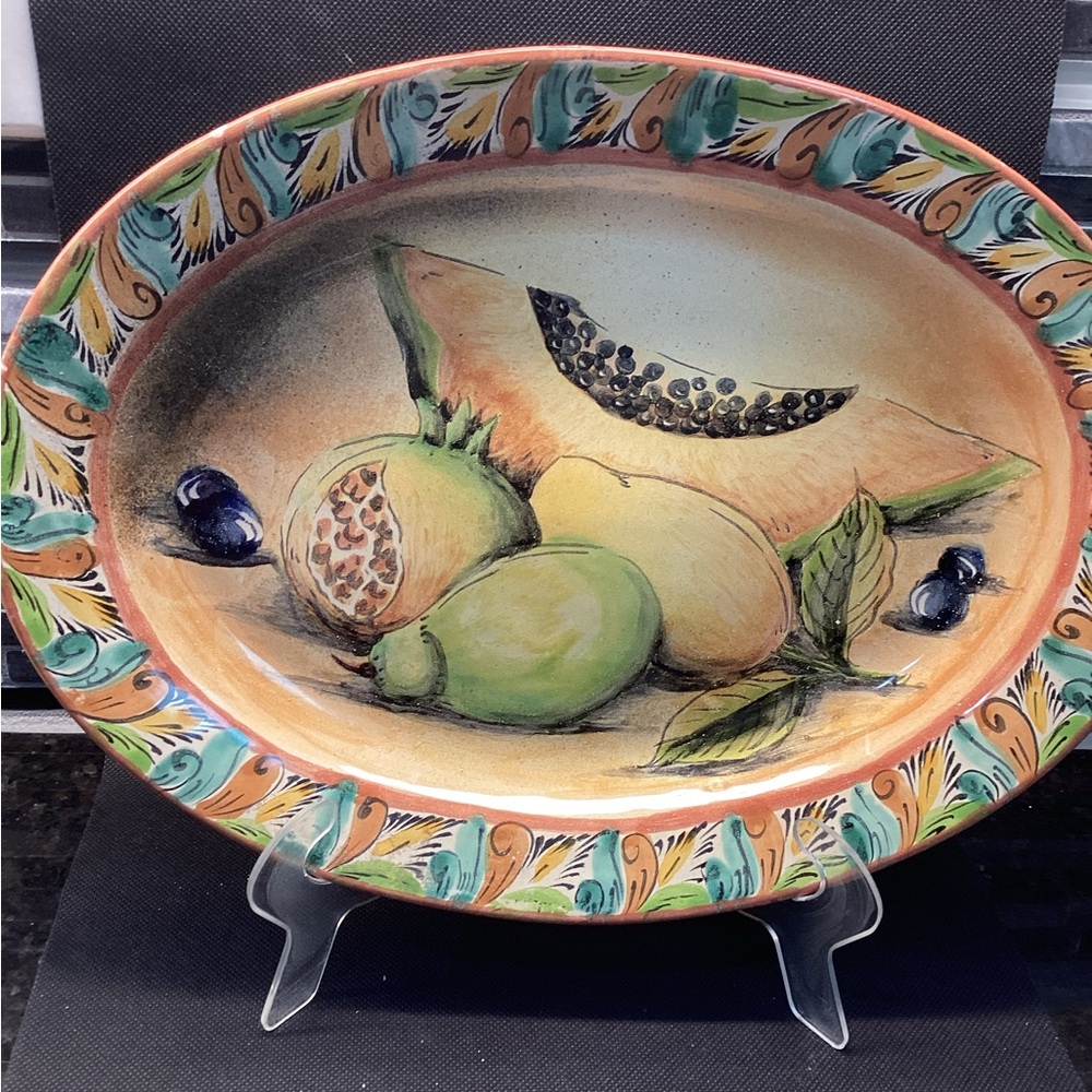 Vintage Mexican Majolica Santa Rosa  hand painted Oval Plate wall hanging